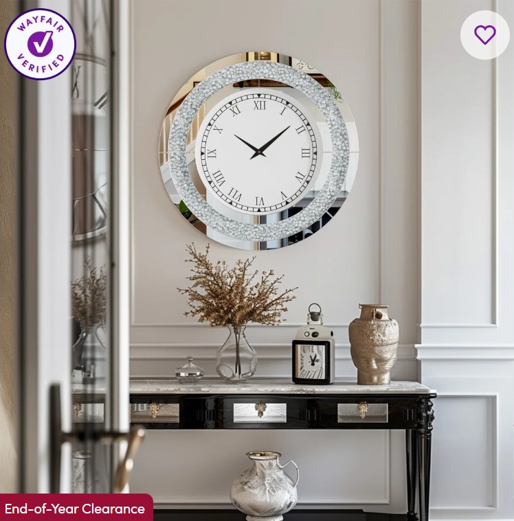 Round Mirrored Wall Clock Crushed Diamond Inlay Mirror Wall Clock Decorative
