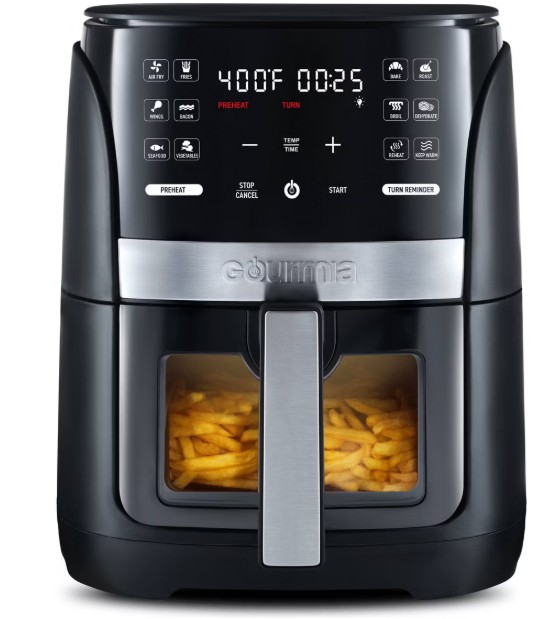 Gourmia 6qt Digital Window Air Fryer with 12 Presets & Guided Cooking Black: Stainless Steel, 1-Year Warranty