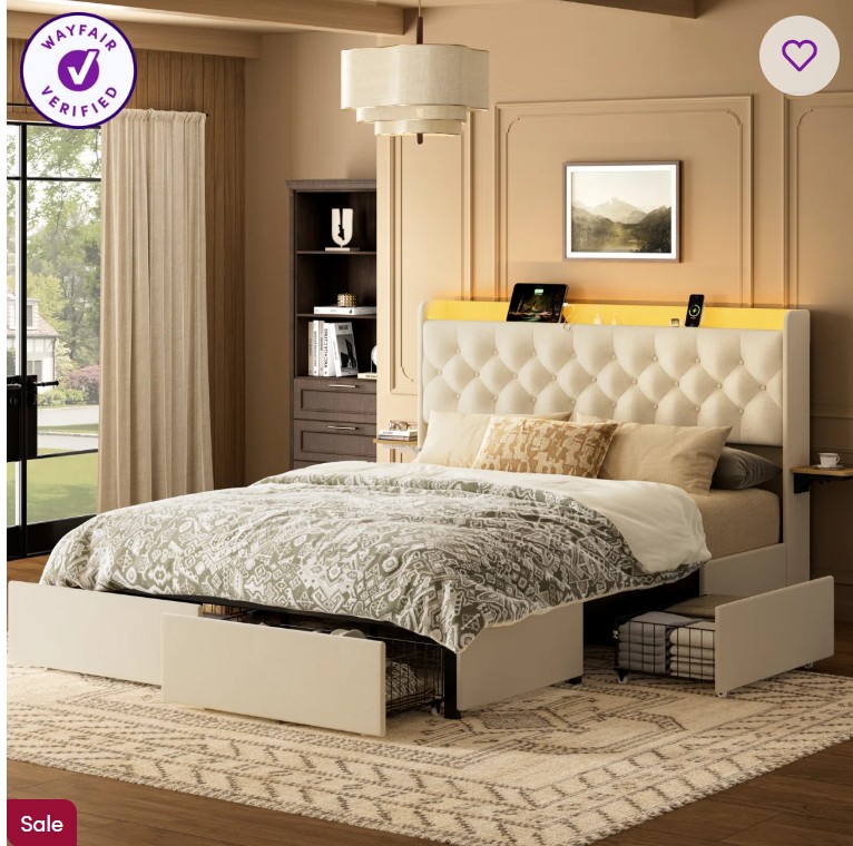 Upholstered Queen Platform Bed with 4 Storage Drawers, Storage Bed with LED light & Charging Station, Velvet Tufted Headboard with Adjustable Bedside Tables, No Box Spring Needed, Beige