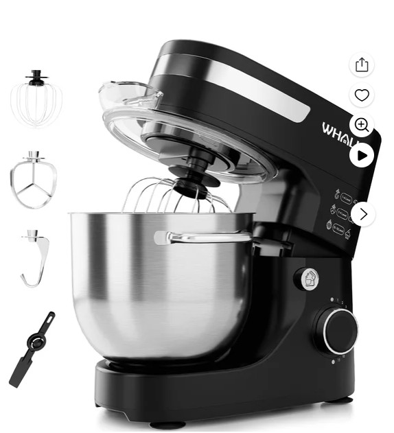 WHALL 12-Speed 5.5 Qt Tilt-Head Stand Mixer, Black with Dough Hook, Wire Whip, Beater