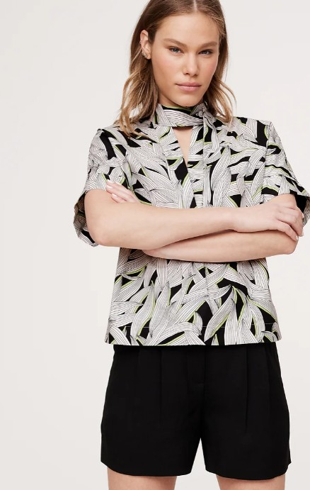 Cotton Poplin Popover Tie-Neck Top