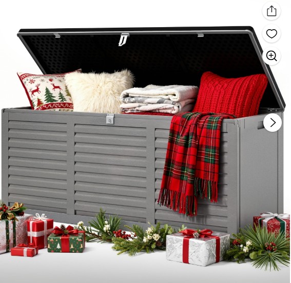 130 Gallon Resin Deck Box, Outdoor Lockable Storage Container for Patio Cushions, Garden Tools, Pool Supplies, Toys, Waterproof and UV Resistant, Reinforced Rib Design, Gray