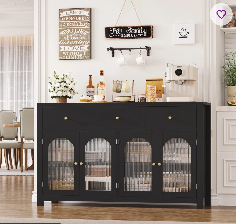 Bonnetta 55.1″W Modern Buffet Cabinet with Fluted Glass Doors – Kitchen Storage Sideboard, Coffee Bar Console Table, Adjustable Shelves for Living Room & Dining Room