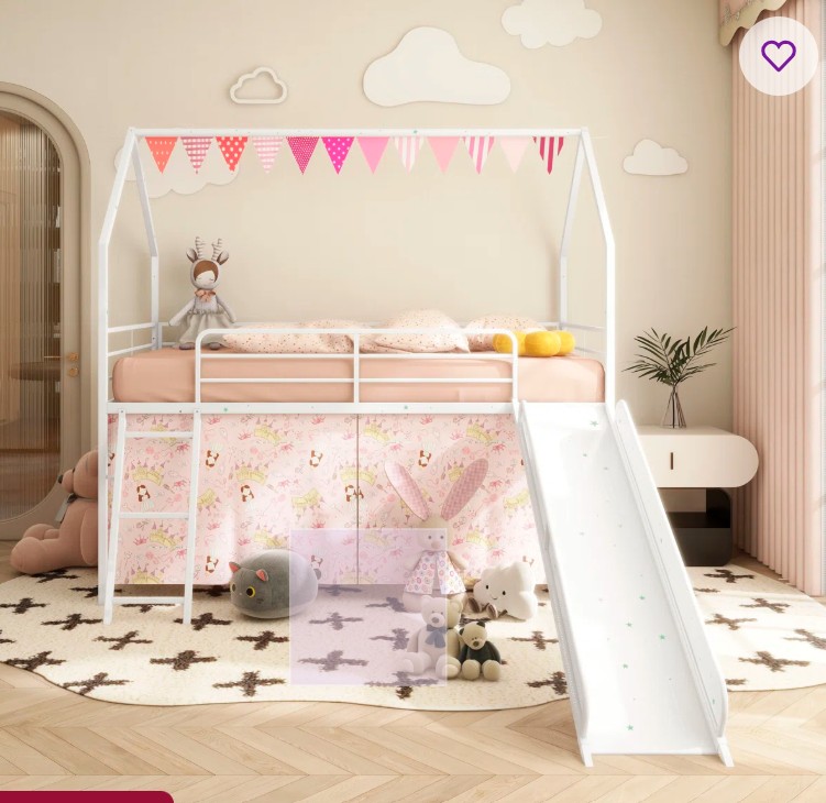 Jack Metal Junior House Twin Loft Bed With Slide And Curtain Set