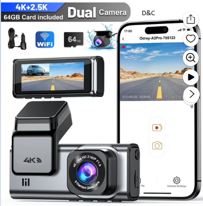 ODREY Dash Cam Front and Rear, 4K+2.5K 5G WiFi & WDR Dash Camera for Car with 64GB Card dashcam