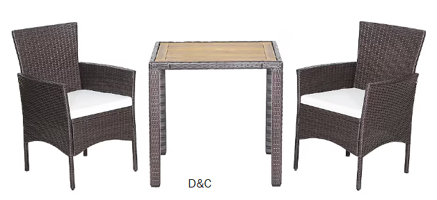 Costway 3 -Piece Brown Rattan Patio Dining Set Wood Rectangle Table with 2 White Cushions Stationary Chairs