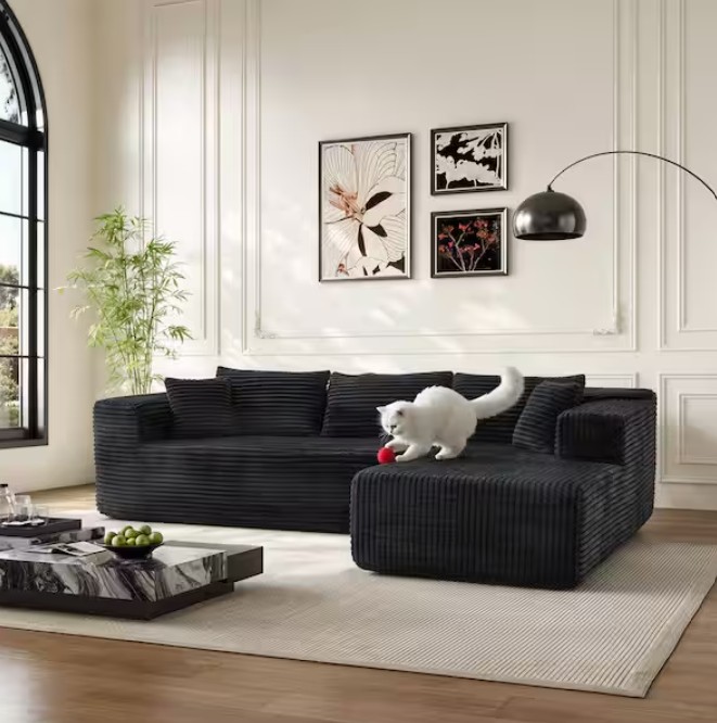 106 in. Rectangle Arm 2-Piece Corduroy Upholstery L-Shaped Sectional Sofa in Black with Chaise, 5-Soft Cushions