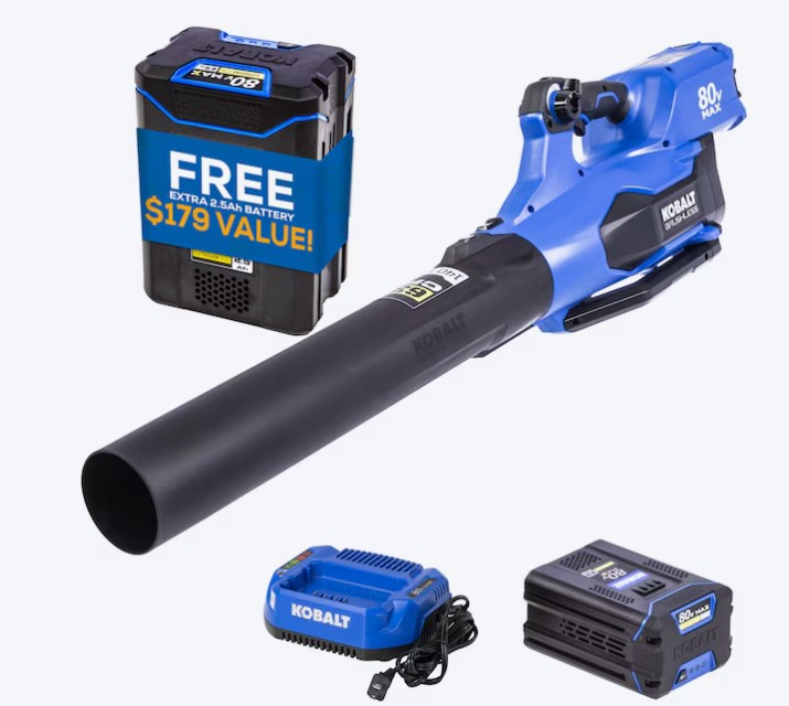 Kobalt 80v 630-CFM 140-MPH Cordless Battery Handheld Leaf Blower with (2) 2.5-Ah Batteries and Charger Included