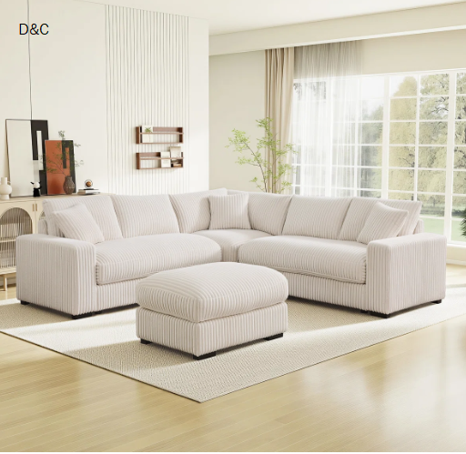 Burwell 99″ Corduroy L-Shaped Sectional Sofa with Ottoman – Pet-Friendly, Ergonomic Comfort for Cozy Living Rooms