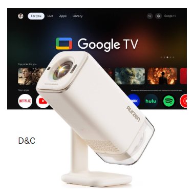 Aurzen – Portable Projector, Built-in Google TV, USB-C Powered, Flexible Stand, TOF Auto Focus, 300 ANSI Lumens – Off-White