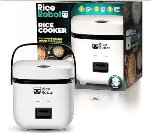 Rice Robot Personal Rice Cooker, PFAS-free, Nonstick. 1 Quart Capacity, with Stainless Steel Steamer Tray, Measuring Cups, Recipe Book with 60 Recipes, and Serving Spoon, As Seen On TV