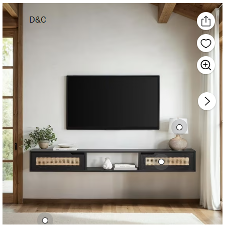 Walker Edison Modern Rattan-Door Floating TV stand for TVs up to 80”, Black