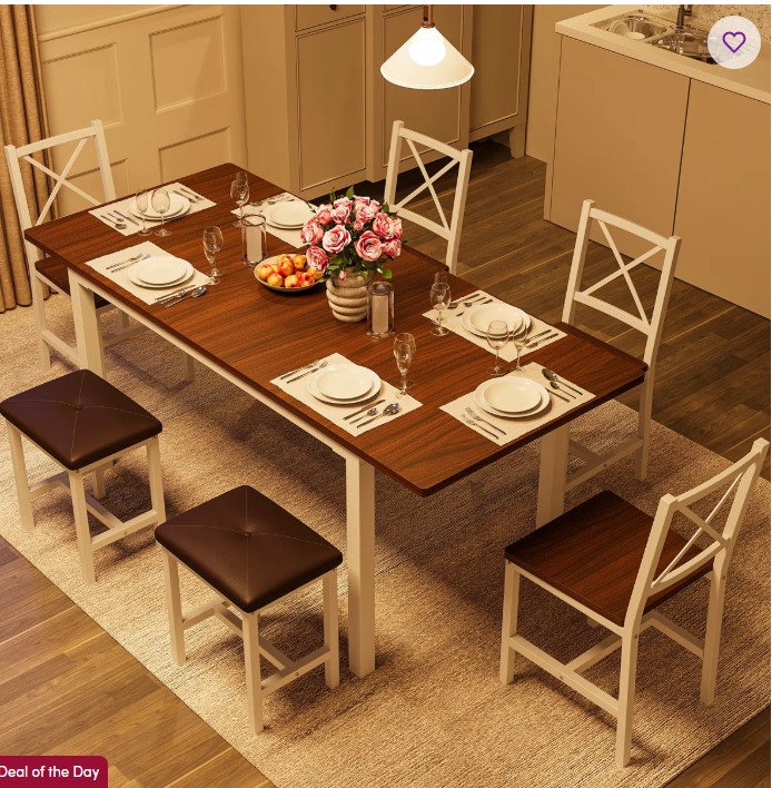 Farmhouse Style 7-Piece Dining Table Set For 4-6 People, 63″ Extendable Kitchen Table Set With 4 Dining Chairs And 2 PU Upholstered Stools