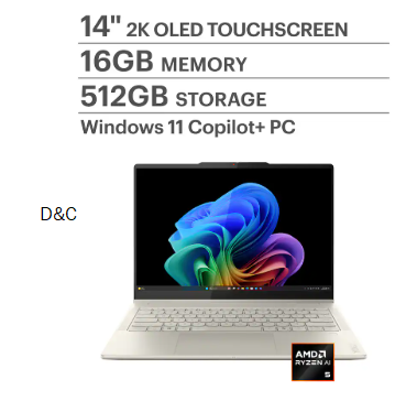 Lenovo – Yoga 7 2-in-1 – Copilot+ PC – 14″ 2K OLED Touchscreen Laptop – AMD Ryzen AI 5 340 2025 – 16GB Memory – 512GB SSD – Seashell