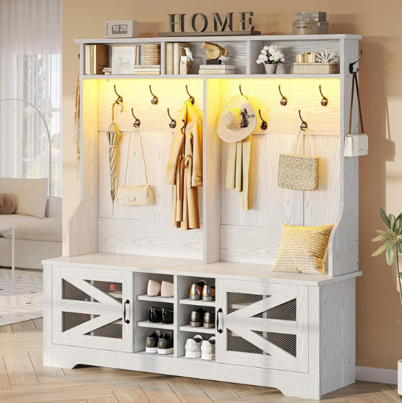 Hall Tree With Bench And Shoe Storage, 5-In-1 Entryway Bench With Coat Rack