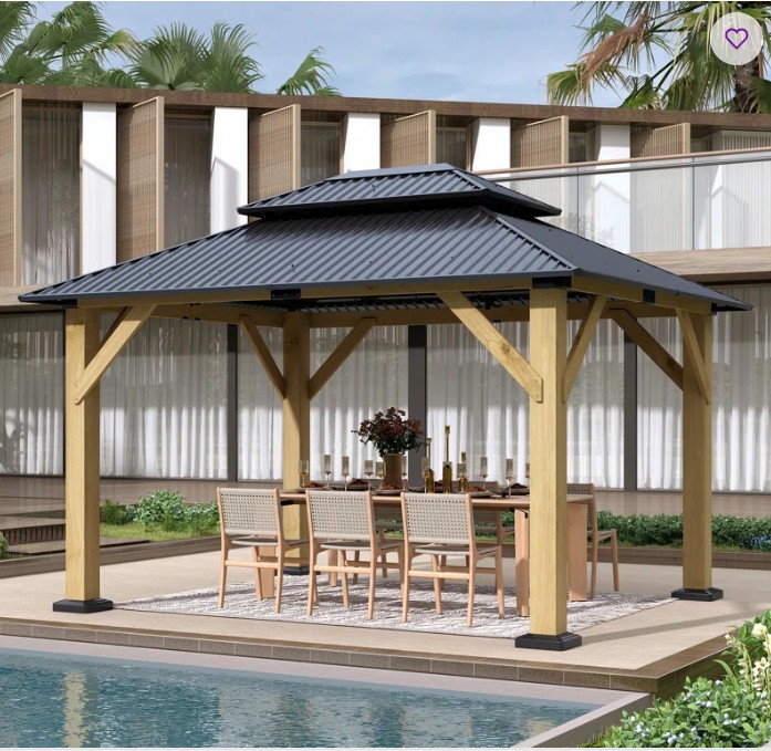 12′ W x 10′ D Outdoor Solid Wood Gazebo – Patio Galvanized Steel Hardtop Gazebo