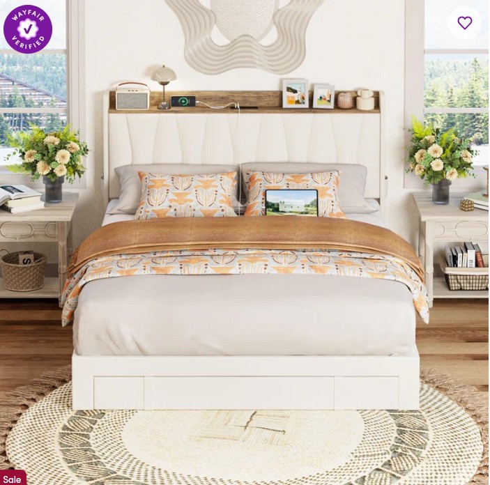 Upholstered Bed Frame with 3 Drawers, Bed with Storage Headboard and Charging Station