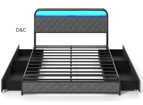 Costway – Queen Size Bed Frame with LED Lights & Charging Station Storage Headboard – Black