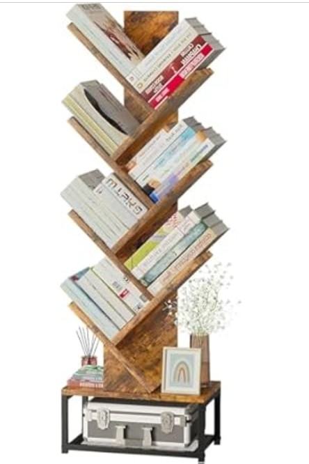 EasyCom Tree Bookshelf Metal Base, 7 Tier Bookcase Storage, Floor Standing Bookshelf Organizer for Movies/CDs/Books, Wood Book Storage Rack for Bedroom/Living Room/Home Office (Brown)