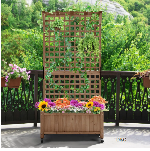 Handmade 35.5″ W Fir Wood Planter Box with Trellis and Wheels