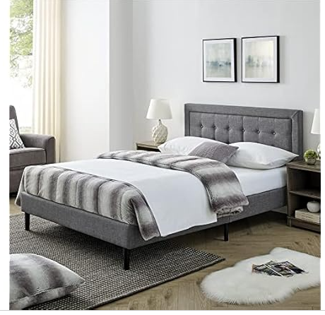 DeCoro Mornington 2.0 Upholstered Platform Bed | Headboard and Metal Frame with Wood Slat Support, Grey, King Size