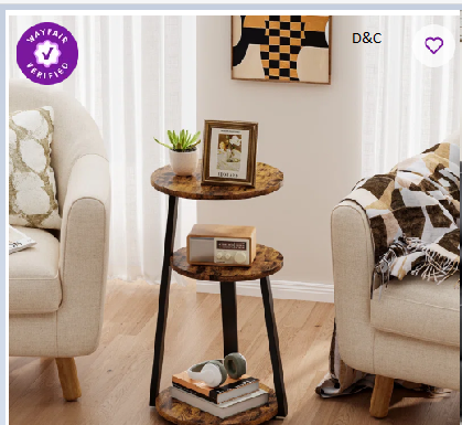 Vernestine Round End Table Side Table with 3-Tier Shelves