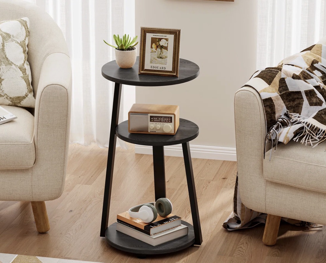 Vernestine Round End Table Side Table with 3-Tier Shelves