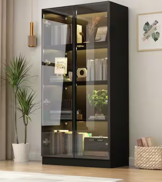 Black Wood Display Cabinet With Tempered Glass Doors and 3-Color LED Lights