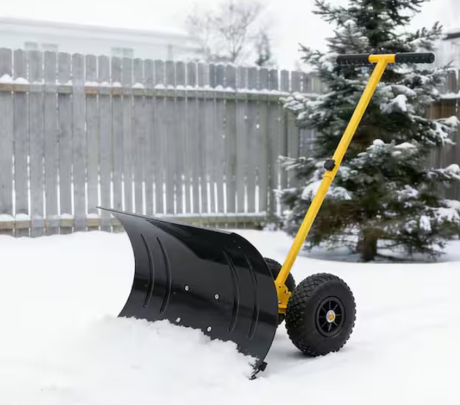 29” W Yellow Metal Handle Steel Snow Shovel with Wheels, Cushioned Adjustable Angle Handle Snow Removal Tool