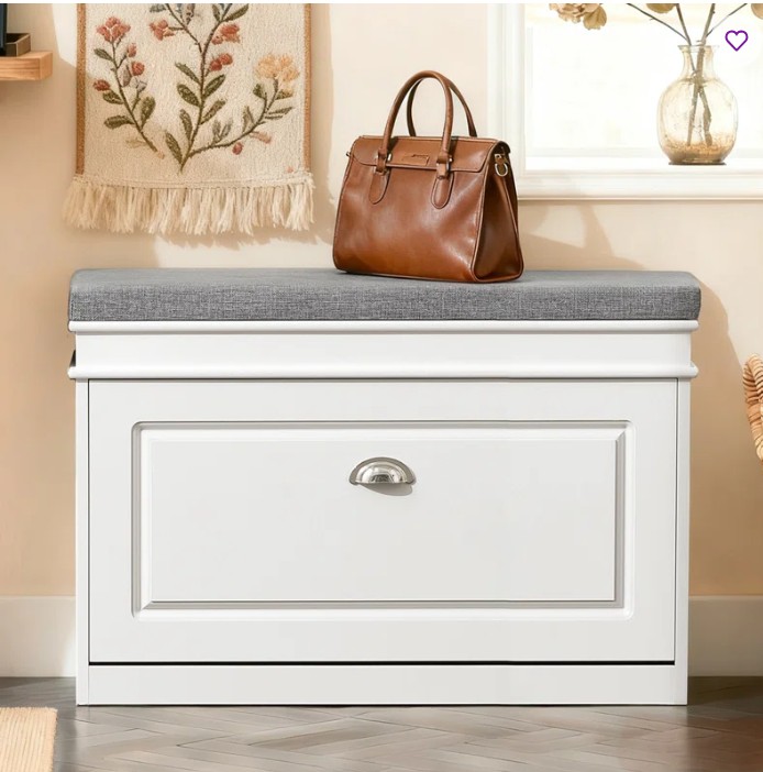 White Shoe Storage Bench with 1 Flip-Drawer, Padded Seat for Hallway, 20.47″ H x 29.53″ W x 9.45″ D