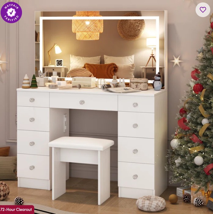 Greyden Vanity Set With LED Mirror & Power Outlets, 9 Drawers with Diamond Handles