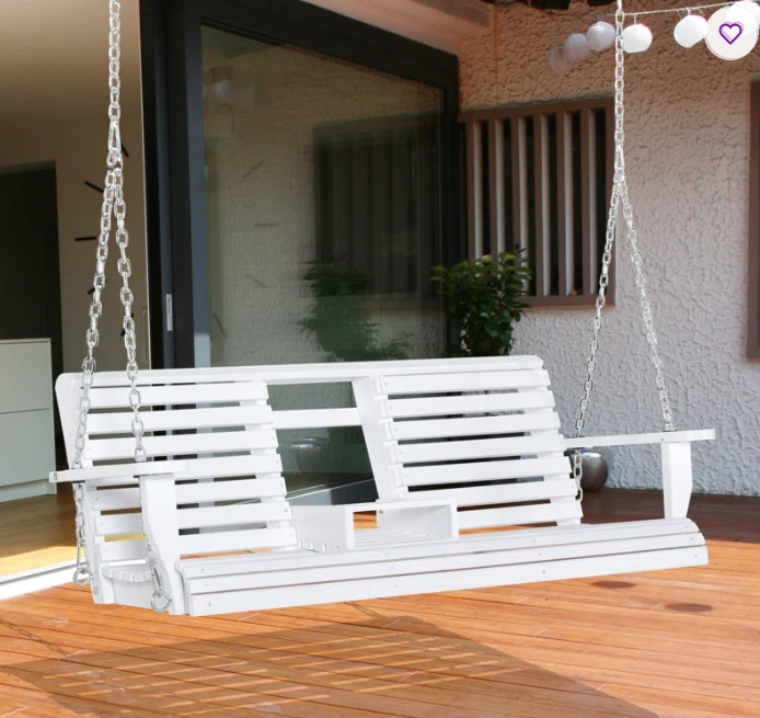 Wachapreague Outsunny 3-Seater Wooden Porch Swing, Patio Swing Bench with Folding Coffee Table, Cup Holders and Chains Included, 440lbs Weight Capacity,