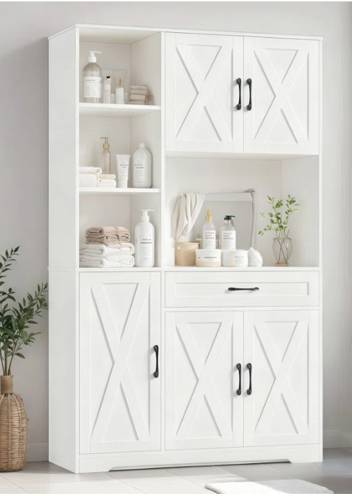 Nechemya 71.1″ Freestanding Bathroom Cabinet with Center Drawer, Wood Storage Bathroom Cabinet with 5 Doors, White