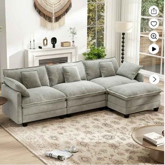 BedLuxury 111.5” Modular Sectional Sofa with Movable Ottoman, L Shaped Cloud Couch for Living Room, 3-Seat, Grey