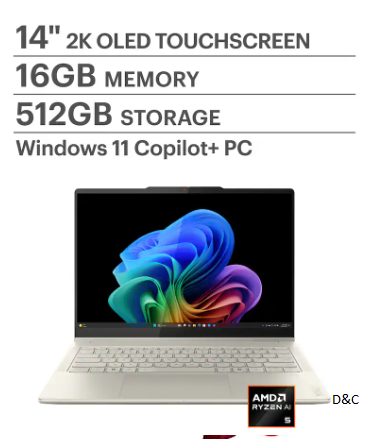 Lenovo – Yoga 7 2-in-1 – Copilot+ PC – 14″ 2K OLED Touchscreen Laptop – AMD Ryzen AI 5 340 2025 – 16GB Memory – 512GB SSD – Seashell