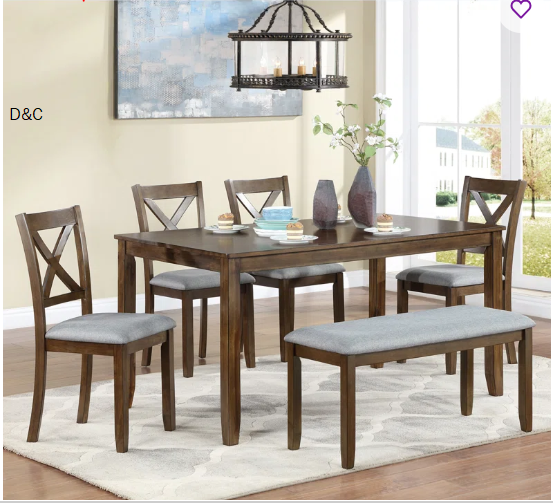 6 Piece Kitchen Dining Set, Rectangular Wooden Dining Table With 4 Upholstered Chairs And A Bench (Set of 6)