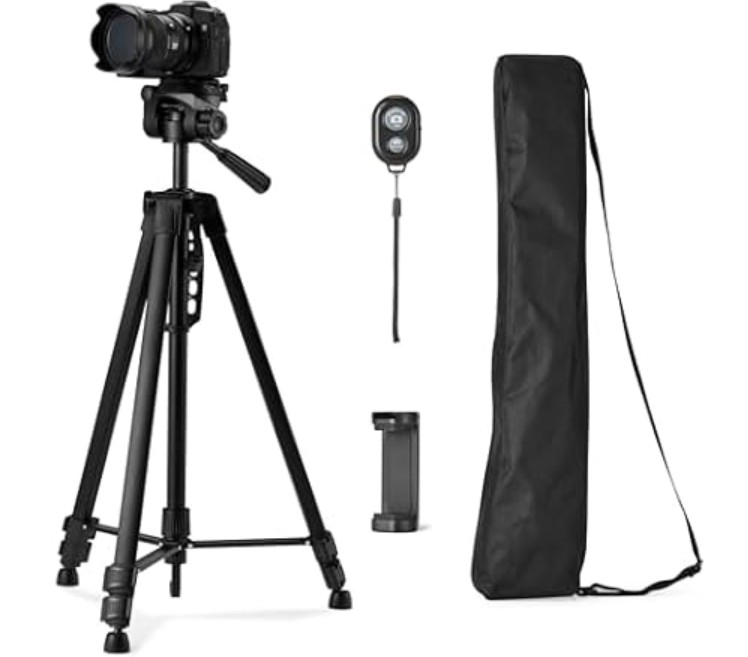 Amazon Basics 60″ Lightweight Tripod for Camera and Phone with Travel Bag, Remote Control and Phone Holder, Height Adjustable, Aluminum, Black