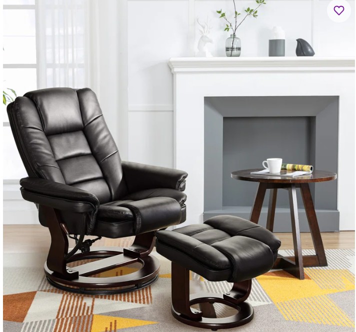 32″ Contemporary Leather Recliner and Ottoman with Swiveling Mahogany Wood Base