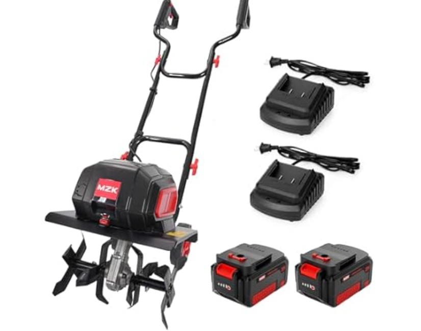 MZK 40V 12-inch Cordless Garden Tiller, 12In Width and 8.6In Depth Garden Rototiller,Battery Powered Garden Cultivator for Lawn/Gardening/Soil Cultivation(2 * 4.0Ah Battery&Charger Included),TC12D02