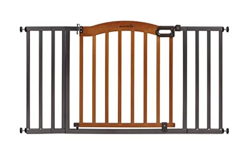 Summer Infant Anywhere Decorative Walk-Thru Pet and Baby Gate, 28” – 42.5” Wide, 30″ Tall, Pressure Mounted, Install In-between Rooms and Doorways, Walnut Wood with Metal Charcoal Accents