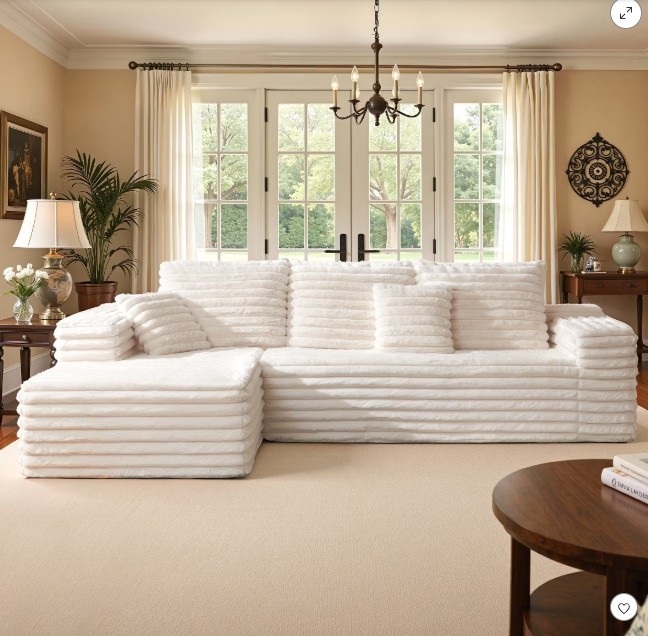 AMERLIFE 106″ Modular Sectional Sofa, Oversized Deep Seat Cloud Couch with Plush Corduroy, L-Shaped, Pet-Friendly, No Assembly, Cream