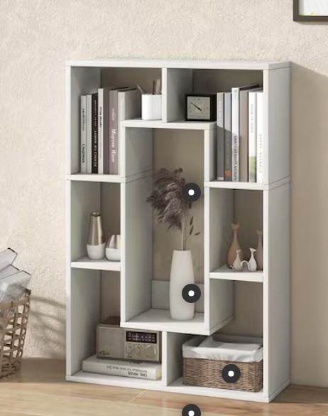 35.5 in. Tall White Engineered Wood 7-Shelf Geometric Bookcase with Open Storage and Tip-Resistant Hardware