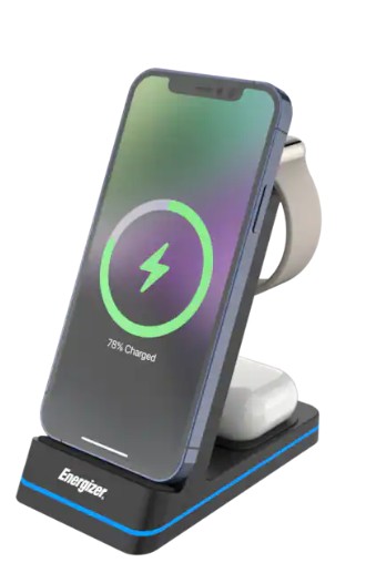Energizer – 3-in-1 15W Qi Certified Wireless Fast 15W Charger Charging Station/Stand w/ RGB Light for iPhone + AirPods + Apple Watch – Black