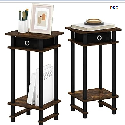 Furinno Turn-N-Tube Tall End Side Night Stand/Bedside Table with Bin Drawer, 2-Pack, Amber Pine/Black/Black