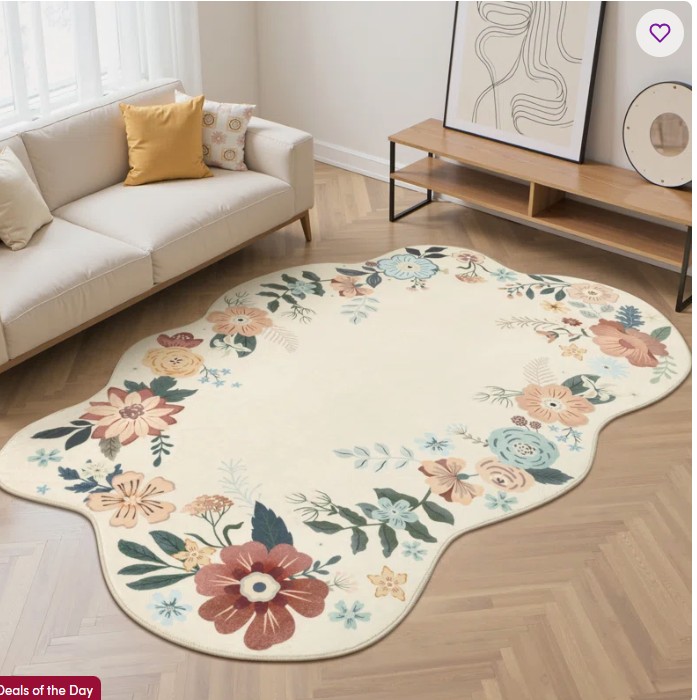 Creamy Machine Washable Floral Area Rug with Non-Slip Backing