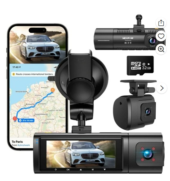 NEXPOW Dash Cam Front and Rear, 4K Full HD Dash Camera with Built-in WiFi GPS, Super Night Vision, WDR, 24H Parking Mode, 32GB Card Included