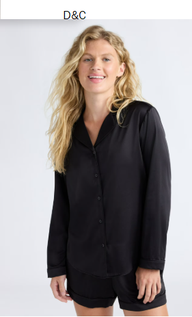 Joyspun Women’s Stretch Satin Notch Long Sleeve Top and Shorts Pajama Set, 2-Piece, Sizes XS-3X