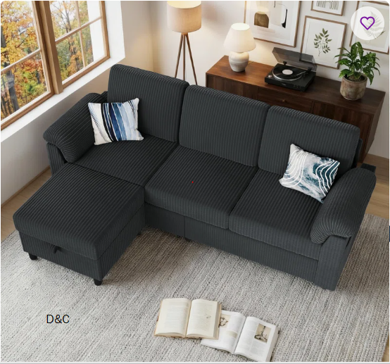 Modern L-Shaped Sofa with Ottoman – Soft Corduroy, Compact Design for Living Room, Apartment, or Office, 79