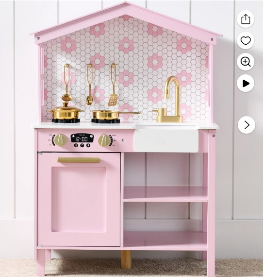 Best Choice Products Pretend Play Wooden Farmhouse Kitchen Set w/ Storage, Clicking Knobs, 5 Accessories – Rose