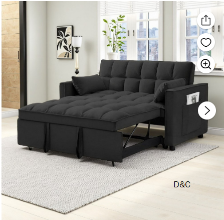 Vinform 54″ 3 in 1 Convertible Sleeper Sofa Bed, Pull Out Loveseat Couch with Storage Pocket, Black